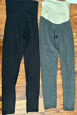 2 MOTHERHOOD MATERNITY BLACK GRAY LEGGINGS Pants BELLY BAND Stretchy MEDIUM LOT • $10