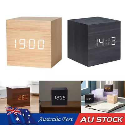 Wooden Digital LED Alarm Clock Voice Control Electronic Bedside Desktop Clocks • $18.62