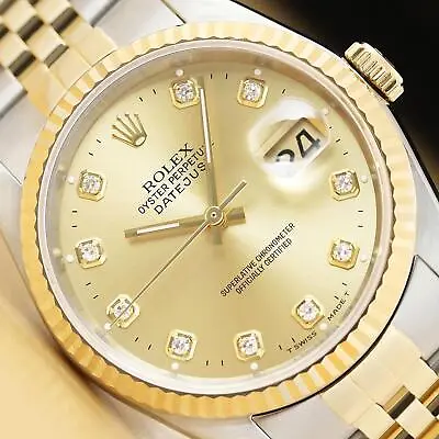 Rolex Mens Datejust 16233 Factory Diamond Dial 18k Gold Steel Champagne Watch • $7199