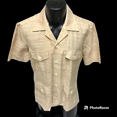 Vtg 60's Maharajas Beige Natural SHANTUNG SILK Safari 4 Pocket MoD Shirt L • $249.99