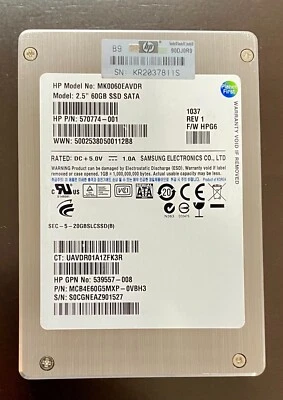 £14.99 • Buy HP Samsung 60GB 2.5   3Gb SATA SSD MK0060EAVDR 570774-001 570774-001 539557-008