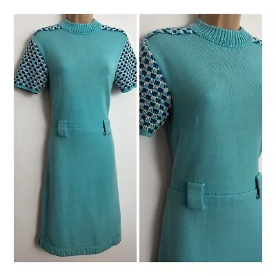 £7.99 • Buy Vintage 1960s Home Knitted Turquoise Check Pattern Short Sleeve Mod Dress 10-12