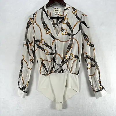 L'AGENCE Marcella Bodysuit Womens Extra Small White Chain Belt Print Silk • $52.50