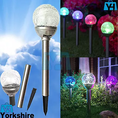 Solar Powered Colour Changing LED Globe Crackle Glass Ball Stake Light XMAS Gift • £18.95