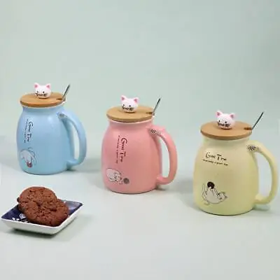 Cat Mugs Cute Pastel Ceramic Coffee Tea Cup With Lid In Assorted Colours • £9.99