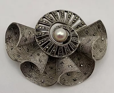 Vintage Theodor Fahrner Sterling Silver Brooch Pin Marcasite Bow & Pearl Signed • $26