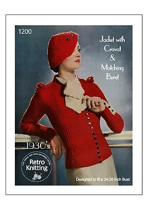 1930's Military Style Jacket With Cravat And Beret Knitting Pattern Bust 34-36 • £5.99