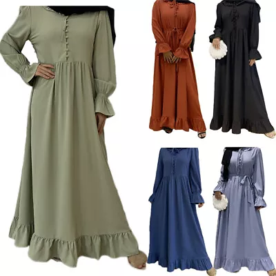 Vintage Kaftan Muslim Women Maxi Dress Ruffle Abaya Arabic Long Sleeve Arab Robe • $38.82