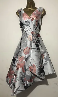 Stunning Coast Silver Grey Floral Fit & Flare Occasion Midi Dress Size 12 . • £65