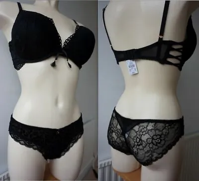 SALE! Primark Maximise+2 Cup Sizes Black Lace Strappy Wing Totally Sexy Bra Set • £15.99