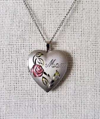 Sterling Silver Mom Etched Enamel Heart Locket Necklace 18  • $25