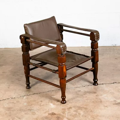 Mid Century Danish Modern Lounge Chair Safari Brown Leather Arm Sling Vintage • $934.13