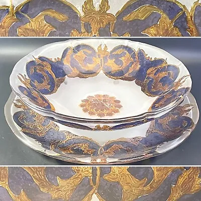 Versace Style Blue & Gold On Clear Glass Studio Art Serving 2pc Set • $348