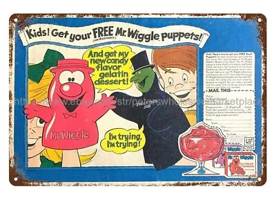 1966 Mr. Wiggle Puppet Mr. Wiggle Jellybean Strawberry Metal Tin Sign Wall Art • $18.81