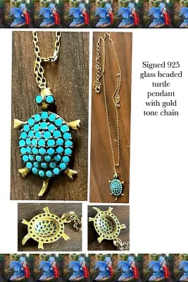 Blue Glass Marked 925 Turtle Pendant With 17  Chain • $10