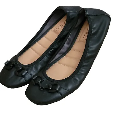 Me Too Ballet Flats Slip On Enamel Buckle Padded Elastic Black Leather Womens 6M • $23.97