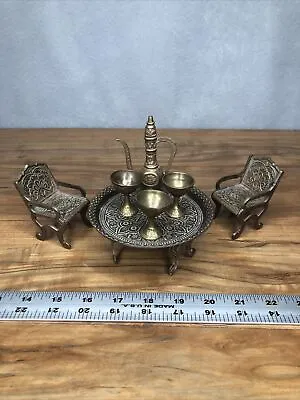 Vtg Miniature Brass Table Chairs Cups & Carafe Doll House Furniture Set 7 Pc • $25