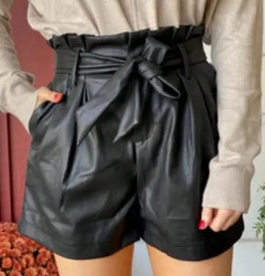 $19 • Buy Excellent ZARA Basic Collection Paperbag Black Faux Leather Belted Shorts SZ: S