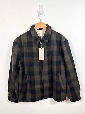 Folk Bomber Jacket Men 3 Medium Khaki Check Wool Blend Plaid Coat Full Zip New • £49.98