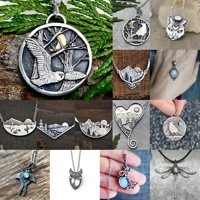 Vintage 925 Silver Moonstone Pendants Necklace Mountains Boho Jewelry Women Gift • $0.72