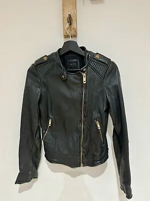 ZARA Black Genuine Real Soft Leather Short Fitted Biker Coat Jacket Lapel Size S • $63.10