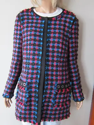 Marc Cain Tweed Fringe Trim Boucle Jacket Coat Blue/black/pink Nwt N6 Italy • $80