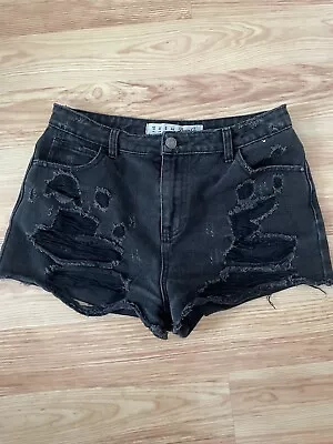 Ladies Denim Shorts Size 12 Black Ripped Primark Festival Holiday • £3