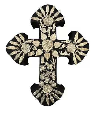 Mexican MILAGROS CROSS ExVotos Wood Cross LG  10” Black Silver • $52.80