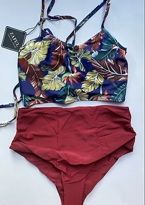 Zaful Navy Blue Floral & Burgundy Top & Bottoms Swimwear Bikini Set BNWT - 10 • £15