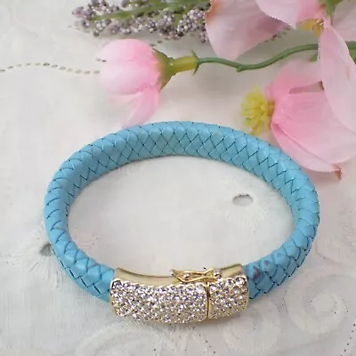 Joan Boyce Braid Me Beautiful Aqua Blue Pave Rhinestone Leather 6 1/2  Bracelet • $39.95