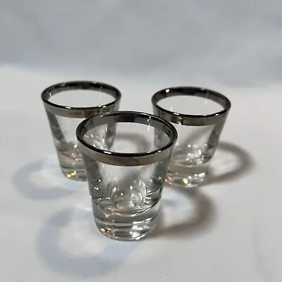 Set Of 3 VINTAGE MID-CENTURY MODERN SILVER RIM DOUBLE SHOT Whiskey GLASSES 4oz • $12