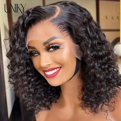 Short Bob Water Wave Human Hair Wig Transparent T Part Lace Front Wig PrePlucked • $58.53