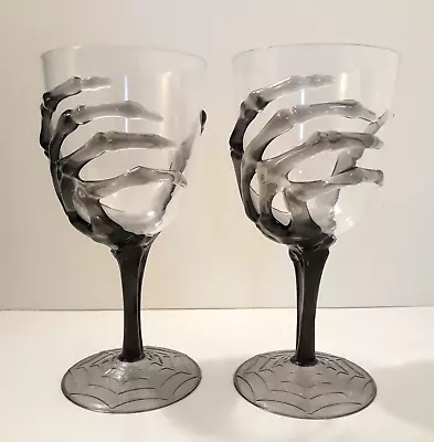 2 Skeleton Hand Wine Glass Goblet Acrylic Plastic Clear Halloween Black 7  Tall • $15
