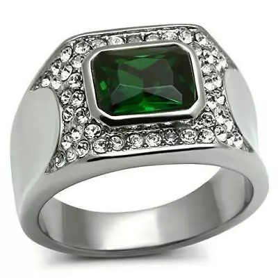 Mens Silver Ring Emerald Green Pinky Signet Cz Cubic Zirconia Steel • £22.99