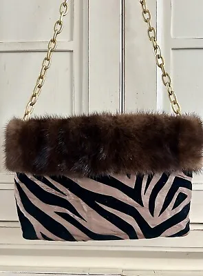 Bessie’s Bags-Black/Golden Tiger Print-real Mink Fur Trim-brushed Gold Strap • $49.99