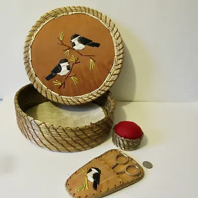 Quillwork 2 Chickadees Sewing Basket W2 Accessory Baskets - P. St John Mohawk • $188.75