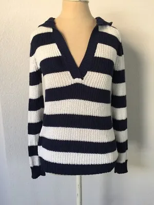 Merona Women XS Sweater Pullover Hoodie Knit V Neck White Blue Striped • $19.99