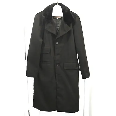 Clara Leather Mens Black Faux Wool Trench Coat With Fuzzy Collar Size L • $40