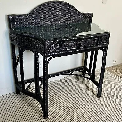 $370 • Buy Vintage Glossy Black Rattan Wicker Desk Or Vanity Table