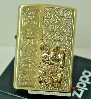 Zippo Manekineko Welcoming Lucky Beckoning Cat Oil Lighter Brass Gold Japan New • £65.54