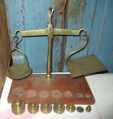 Antique Vintage Brass & Wood Balance Scale With 7 Weights • $79.99