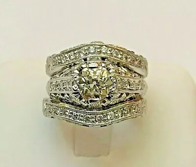 14k White Gold 1.04 Ct Miners Cut Filigree Diamond Ring 2 Curved Palladium Bands • $2650