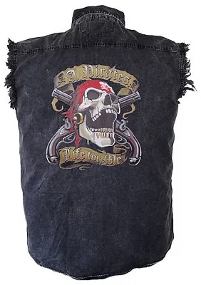 Mens Acid Washed Pirates Life Denim Sleeveless Cutoff Biker Shirt           • £30.46