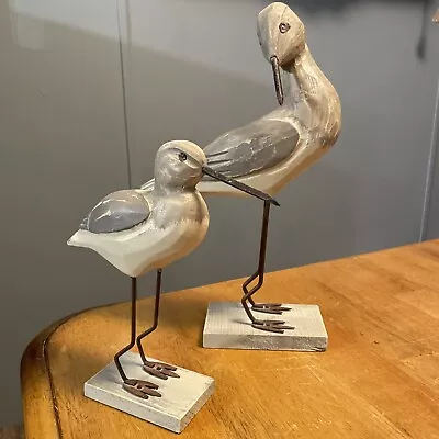 A Pair Of Wooden Hand Carved Painted Shorebird Metal Legs Beach Sea • $18.99