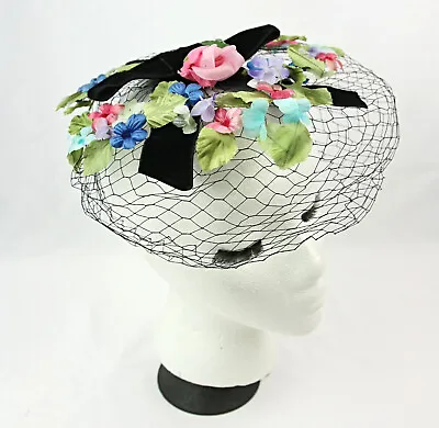 Vintage Netted Net Floral Black Velvet Trim Hat Fascinator Topper Cap 1950s • $26.95