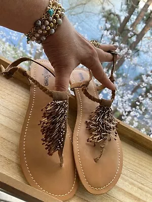 Minnetonka Braided Taupe Suede Leather Sandals Size 10 Beaded Fringe • $20