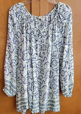£33.96 • Buy Lucky Brand Womens 2X Flowy Ivory Blue Floral Tie Neck Blouse Peasant Top