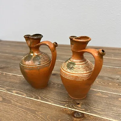 Vintage Primitive Clay Ceramic Harvesting Pot Pitcher 6  Tall Set Of 2 • $72.36