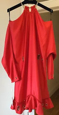 Self-Portrait Red Batwing Satin Mini Chain Neckline Dress Size UK Size 14/US 10 • £150