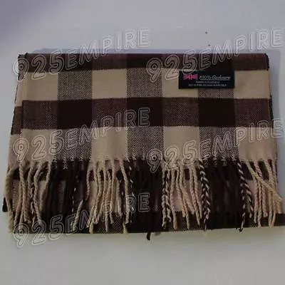 Men's 100% CASHMERE Brown Square Check Tartan Plaid Scarf MADE IN SCOTLAND • $7.99